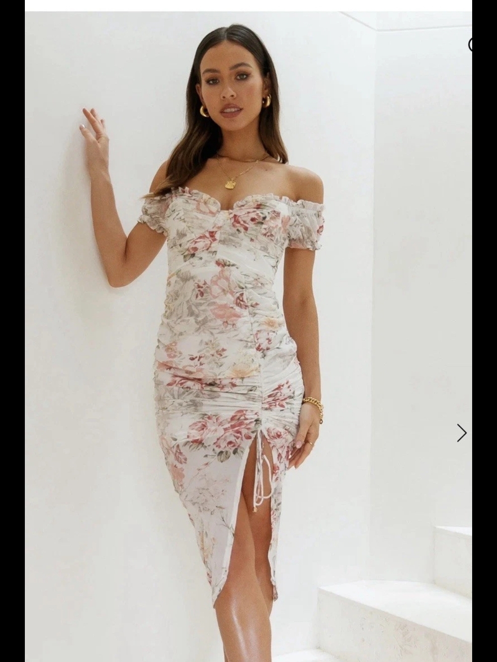 Hello Molly White Pink Floral Off-Shoulder Ruched Midi Dress